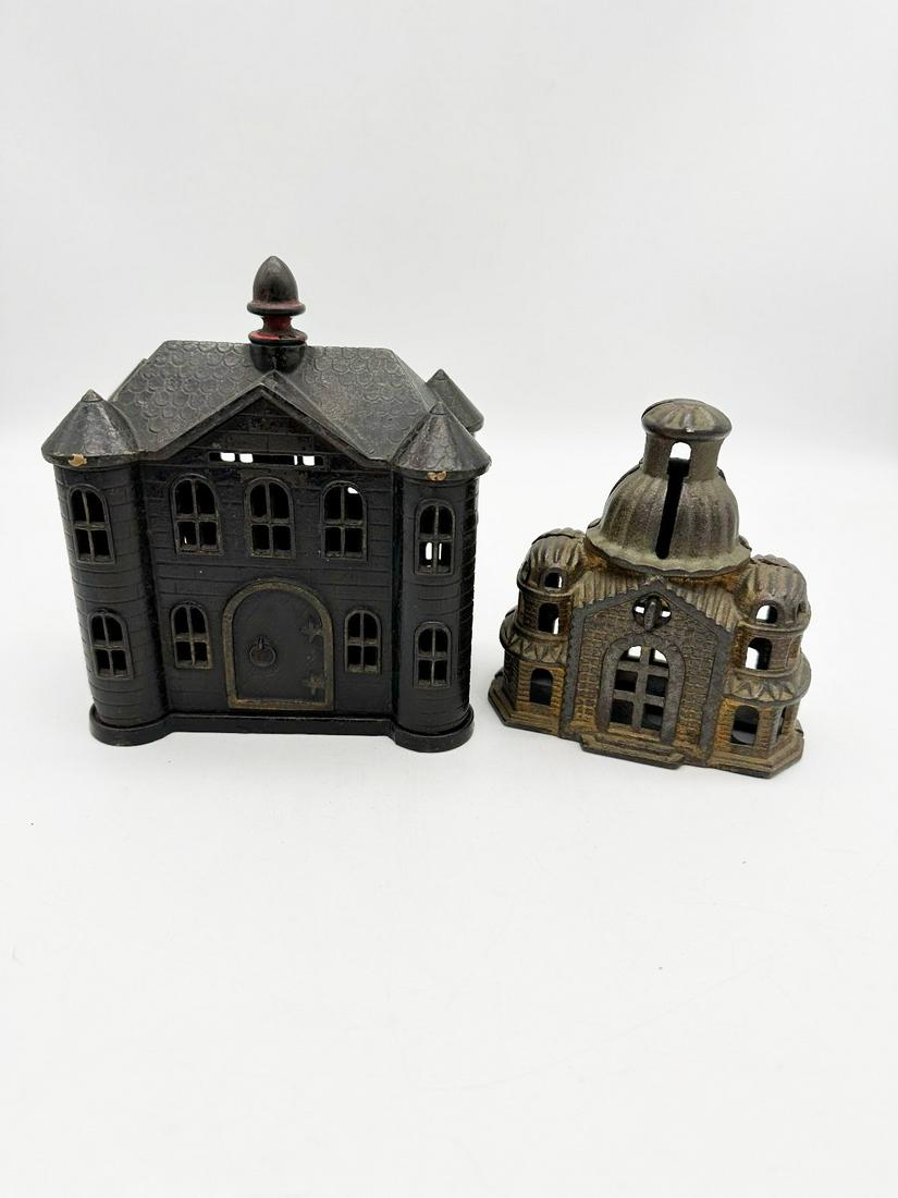 (2) Cast Iron Building Banks: (2) Cast Iron Building Banks: Measuring 4.25" dome building, second one 5.75" tall with small piece missing.