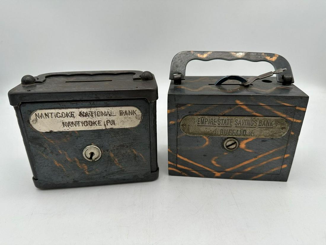 (2) Suitcase Still Banks: (2) Suitcase Still Banks: Empire State Savings Bank NY C.O. Burns Mfg., Nanticoke National The Branch Bank Co.