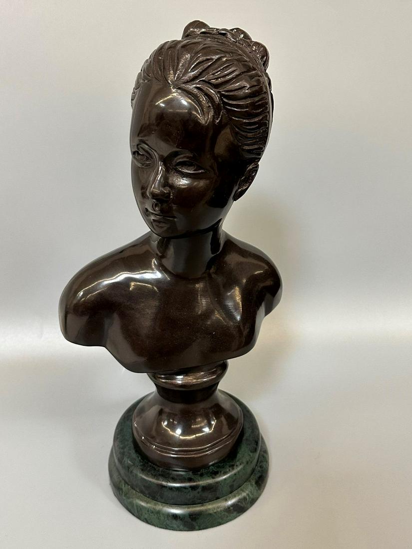 Cast Metal Female Bust on Round Marble Plinth (1 of 4)