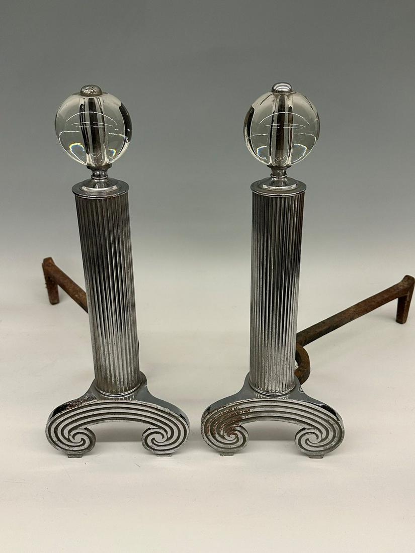 Art Deco Chrome Andirons: Art Deco Chrome Andirons: Unique chrome and glass andirons. Measure 16.25" tall.