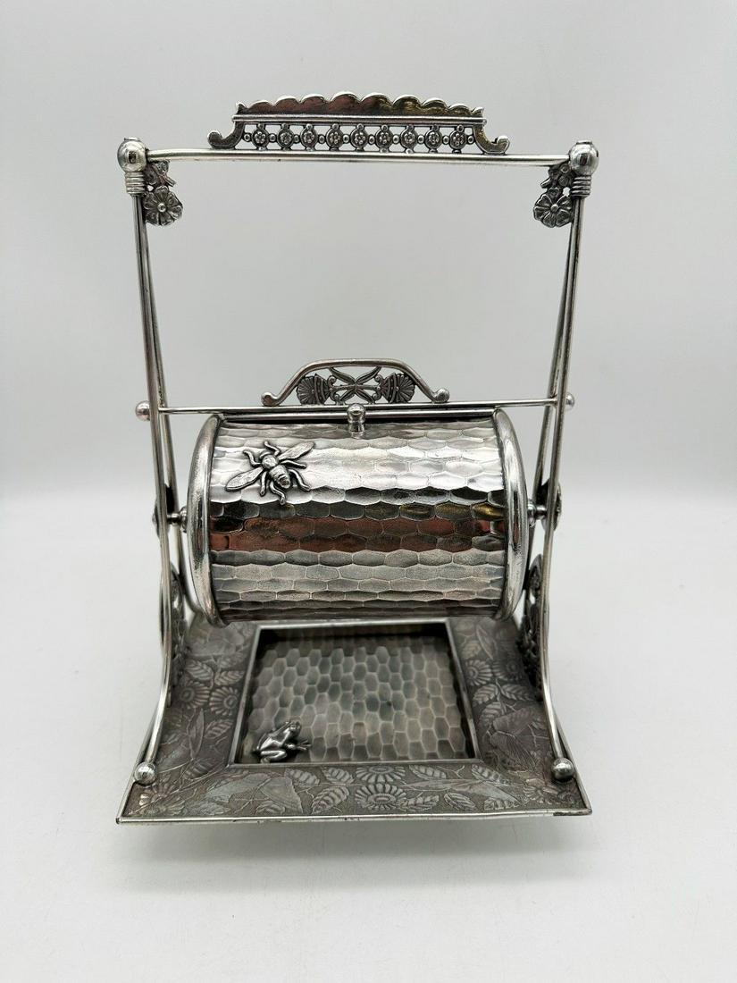 Figural Derby Quadruplate Warming Barrel Box With Handle: Figural Derby Quadruplate Warming Box With Handle: Measures 9.5" tall, base measures 6" square. Etched leaves and butterflies with raised frog relief on bottom plate. Tilt top lid with bee relief on h