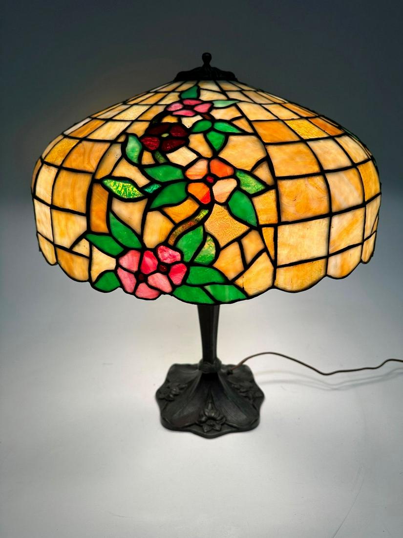 1900 Leaded Glass Lamp Shade with Art Nouveau Daffodil Base (1 of 10)
