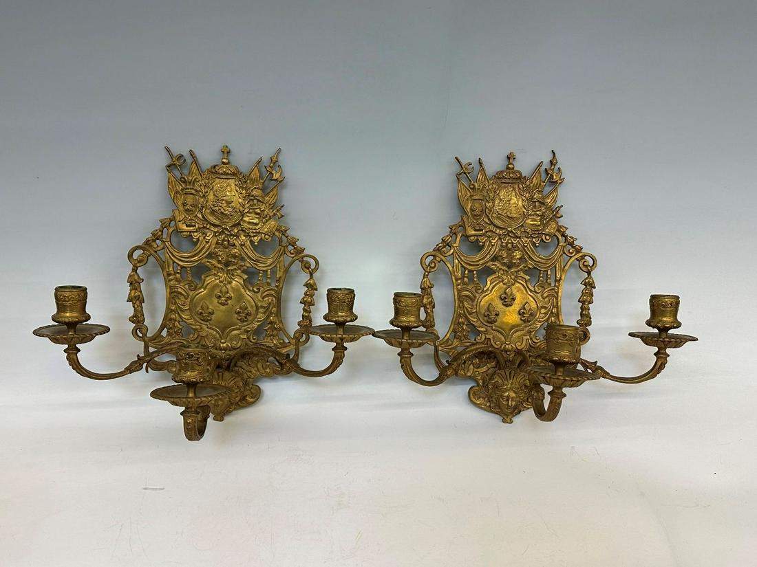 Pair of French Brass 3 Arm Wall Candelabra Sconces (1 of 6)