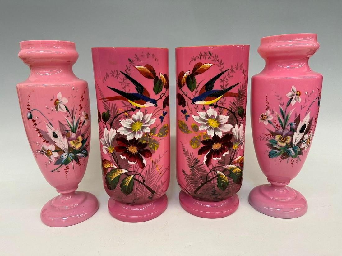 (4) Bristol Enamel Painted Pink Glass Vases (1 of 6)