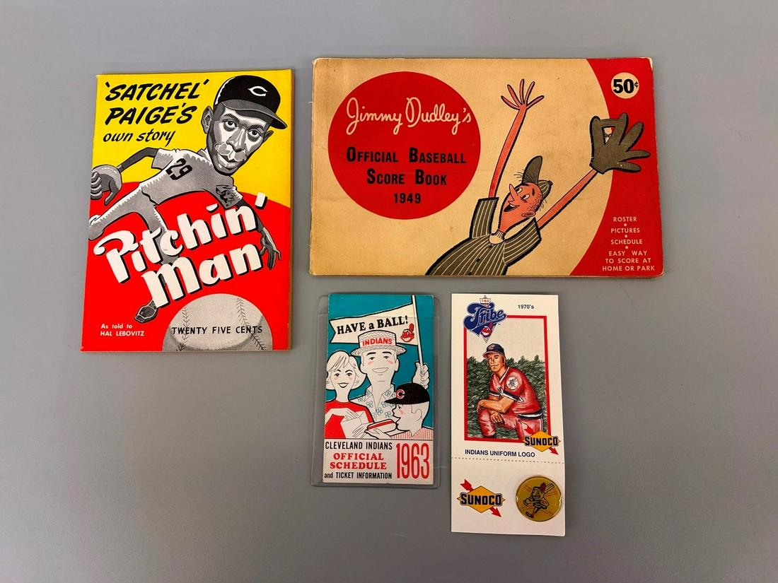 Group of Cleveland Indians Ephemera 1948-1970's: Group of Cleveland Indians Ephemera 1948-1970's: Includes 1948 Satchel Paige Pitchin Man, 1963 Schedule, 1970's Uniform Logo pin giveaway, 1949 Jimmy Dudley's Scprebook.