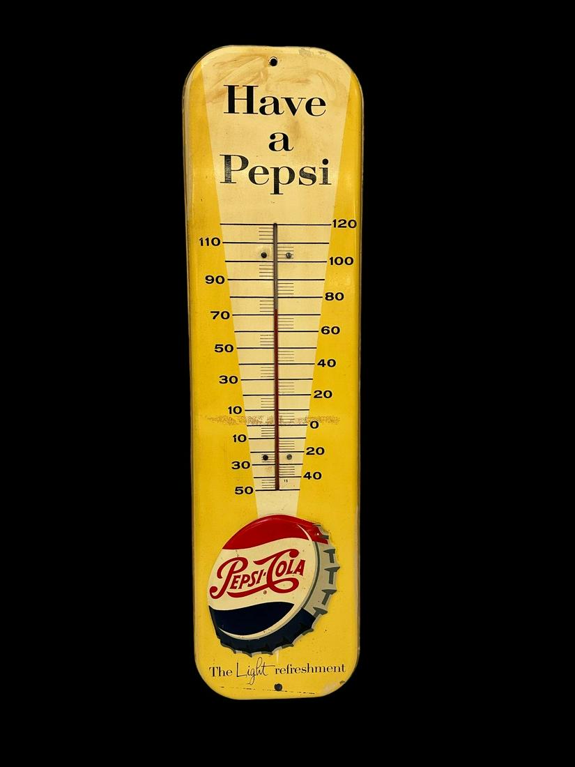 1950's Pepsi-Cola Yellow Embossed Metal Thermometer: 1950's Pepsi-Cola Yellow Embossed Metal Thermometer: Yellow with bottle cap bottom. "The Light Refreshment" Marked M-233 Made in USA RA-57. Wear on paint, glue residue on front. Measures 27.25" tall a