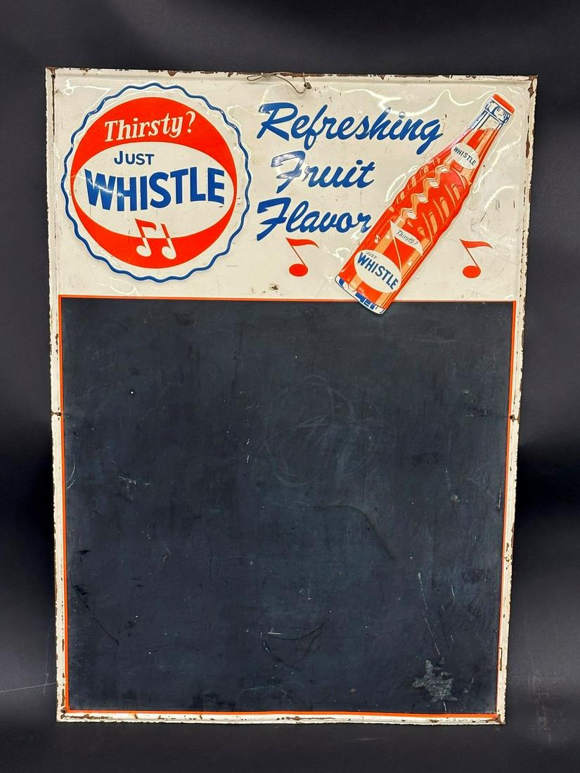 Whistle Soda Chalkboard Menu Advertising Embossed Metal Sign: Whistle Soda Chalkboard Menu Advertising Metal Sign: "Thirsty...Just Whistle" Refreshing Fruit Flavor. Single sided. Made by Robertson. Measuring 28 x 19.5".
