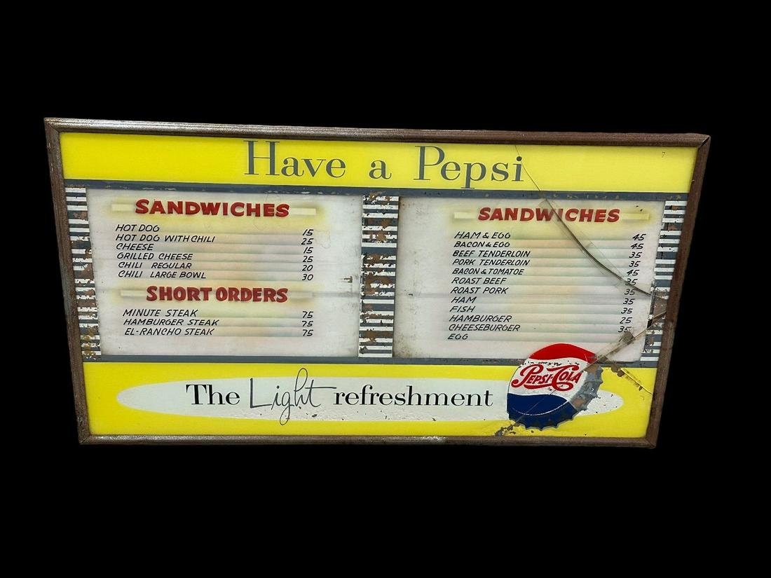 Have a Pepsi The Light Refreshment Glass and Metal Advertising Menu Sign (1 of 5)