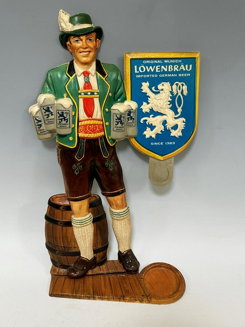Lowenbrau German Beer Vacuform Plastic Advertising Stand Up: Lowenbrau German Beer Vacuform Plastic Advertising Stand Up: Advertising display in excellent condition. Measures 18.25" tall, 12" wide, 3.25" deep. Hans Holterbosch Inc NY.