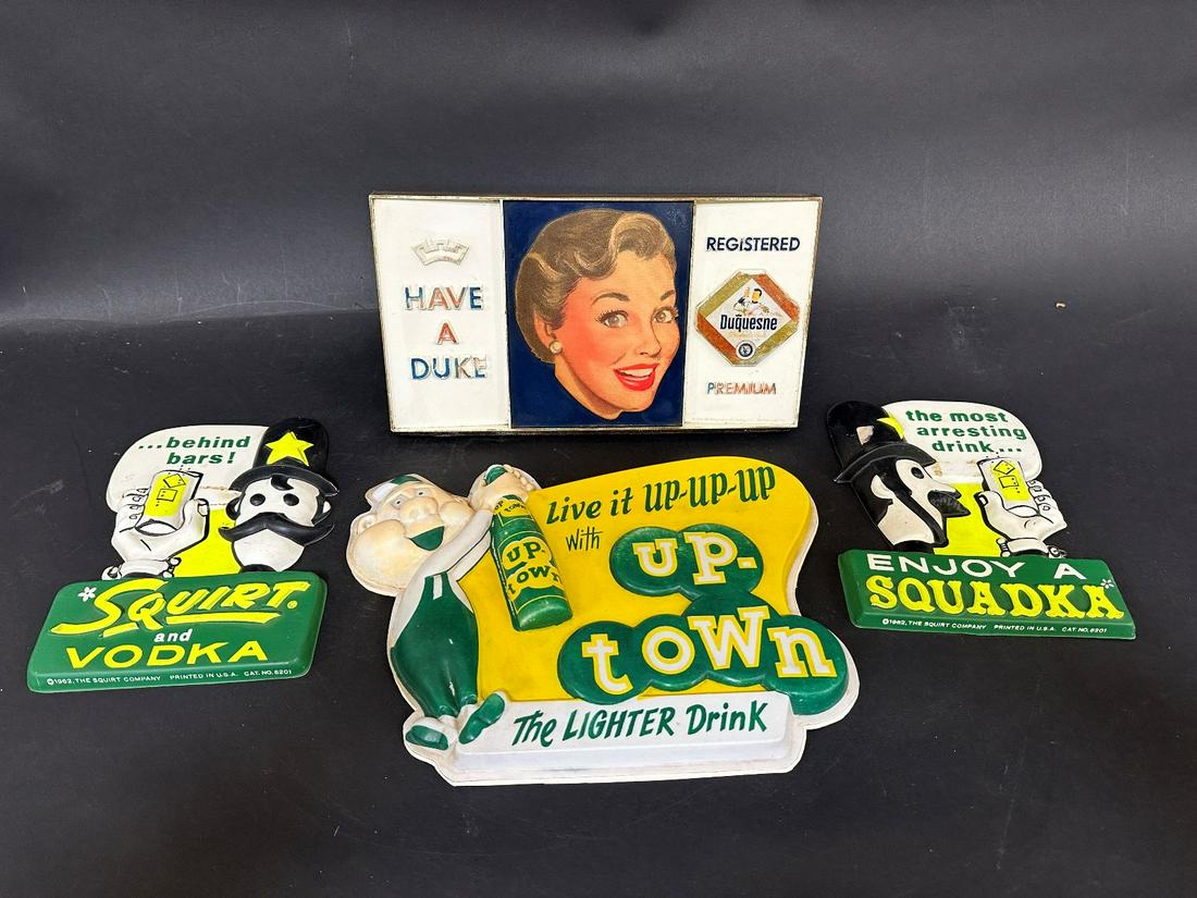 (4) Plastic Beverage Signs: Duke Beer, The Squirt Co., Uptown (1 of 5)