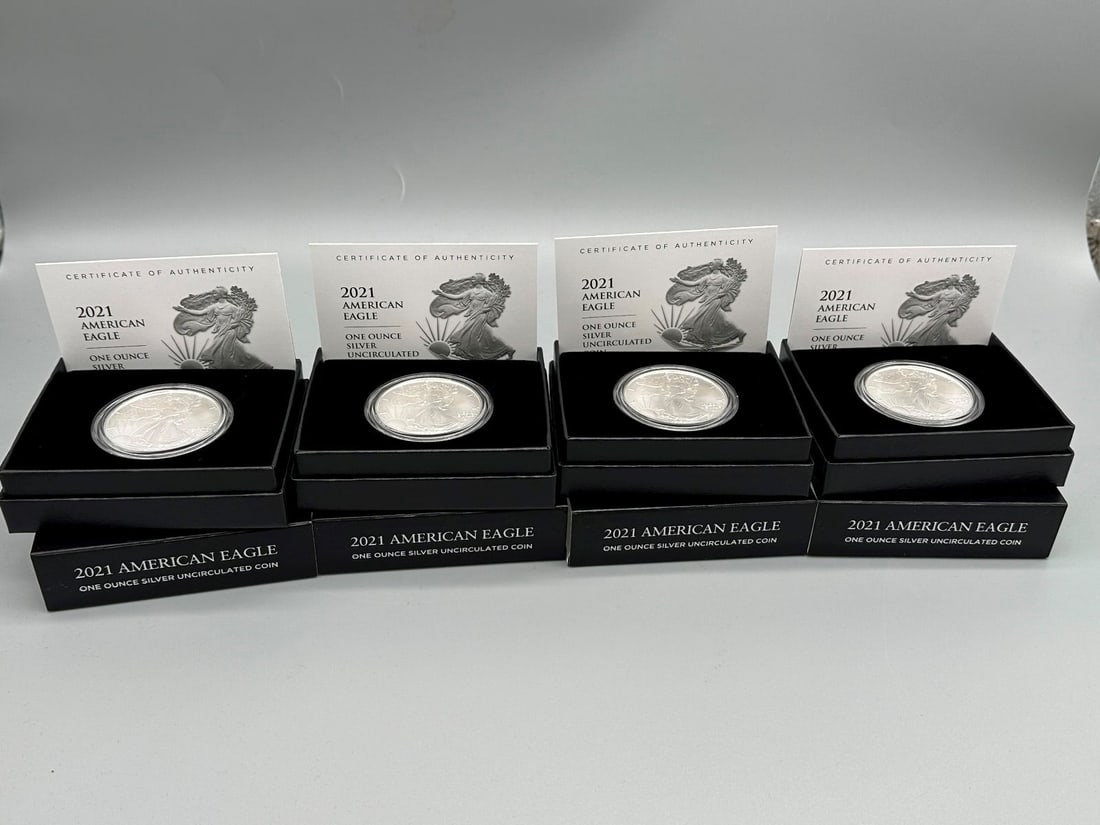 (4) 2021 Uncirculated American Silver Eagles in Boxes With COA's (1 of 4)