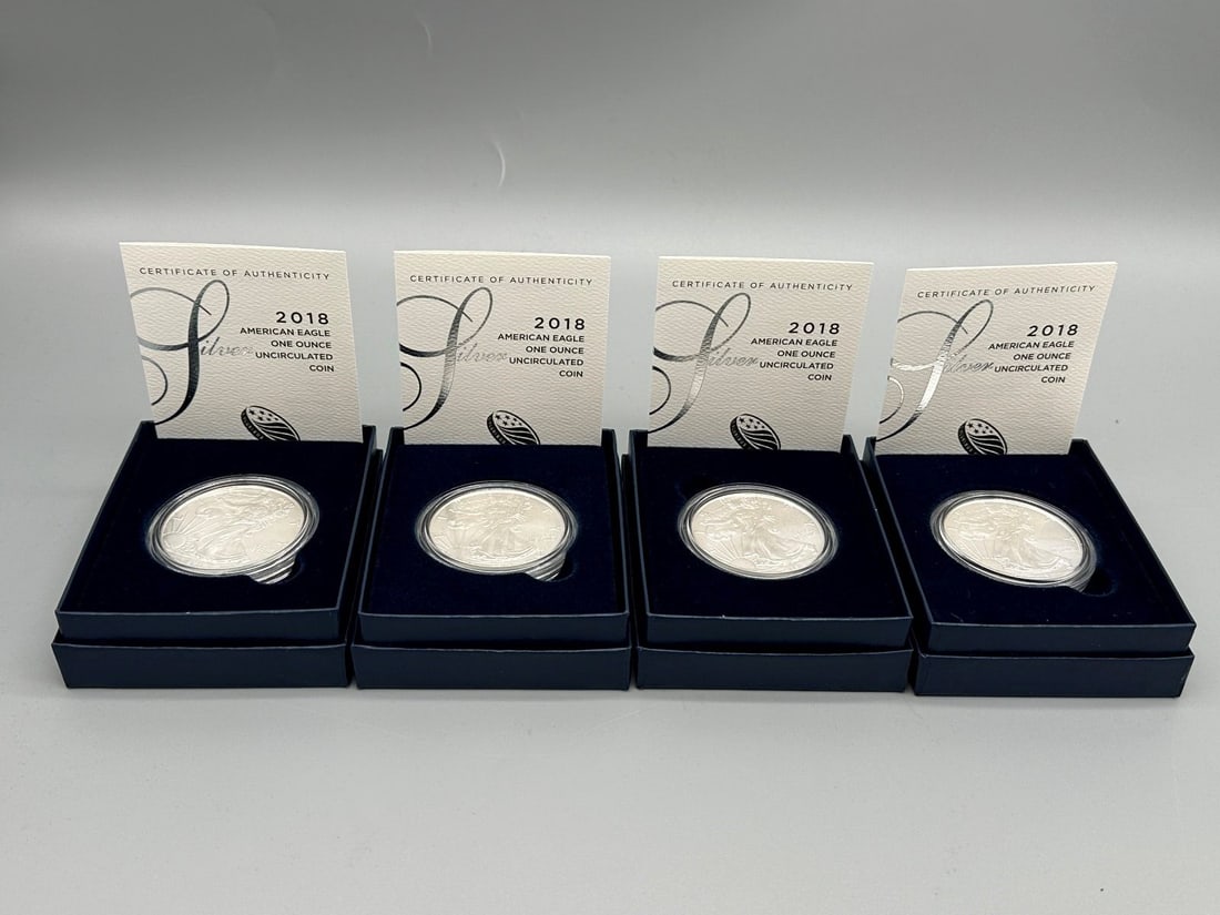 (4) 2018 Uncirculated American Silver Eagles in Boxes With COA's (1 of 4)