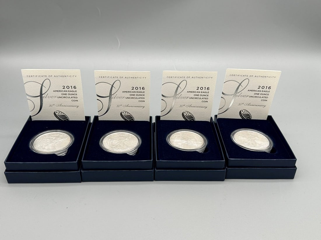 (4) 2016 Uncirculated American Silver Eagles in Boxes With COA's (1 of 4)