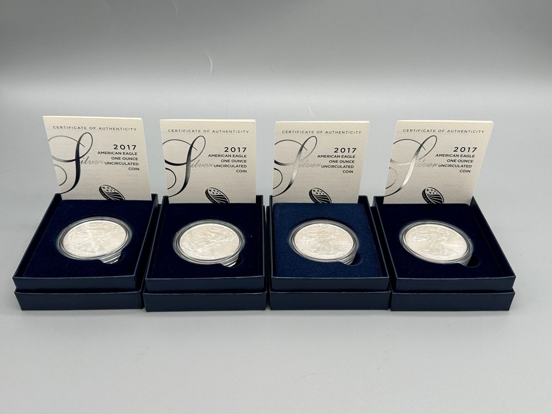 (4) 2017 Uncirculated American Silver Eagles in Boxes With COA's (1 of 4)