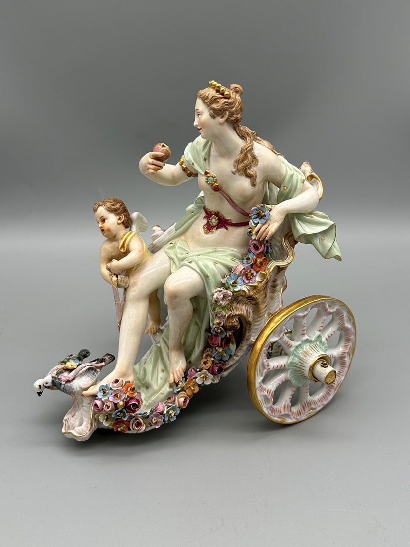 Meissen Porcelain Chariot With Venus and Cupids: Meissen Porcelain Chariot With Venus and Cupids: Some slight repairs to fingers. 7" tall, 6" long.