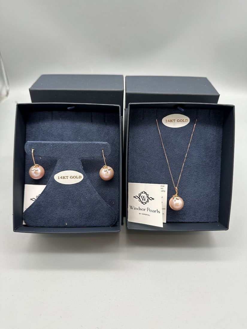 14k Gold Imperial Pearl and Diamond Necklace and Earrings Set (1 of 6)