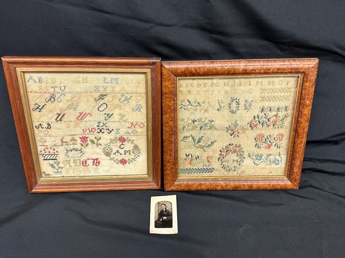 (2) 19th Century Embroidered Samplers by C.A. Merritt: (2) 19th Century Embroidered Samplers by C.A. Merritt: Per the last owner of the included tintype is of the weaver but name unknown. Possible relative of Ruth Erdman or Ann Merritt.