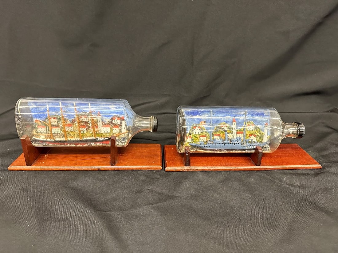 (2) Hand Made Painted Ships in Bottles on Stands (1 of 9)