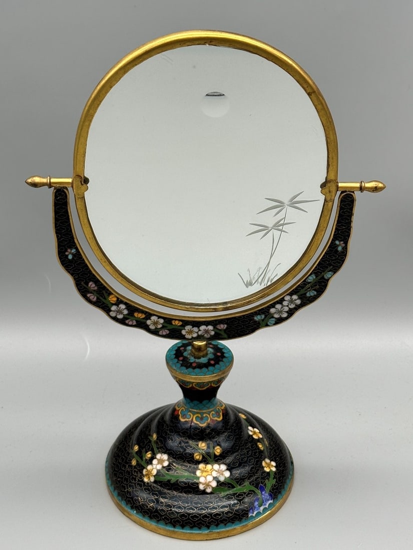 Cloisonne Brass Dresser Reversible Mirror: Cloisonne Brass Dresser Reversible Mirror: Measures 12" tall.