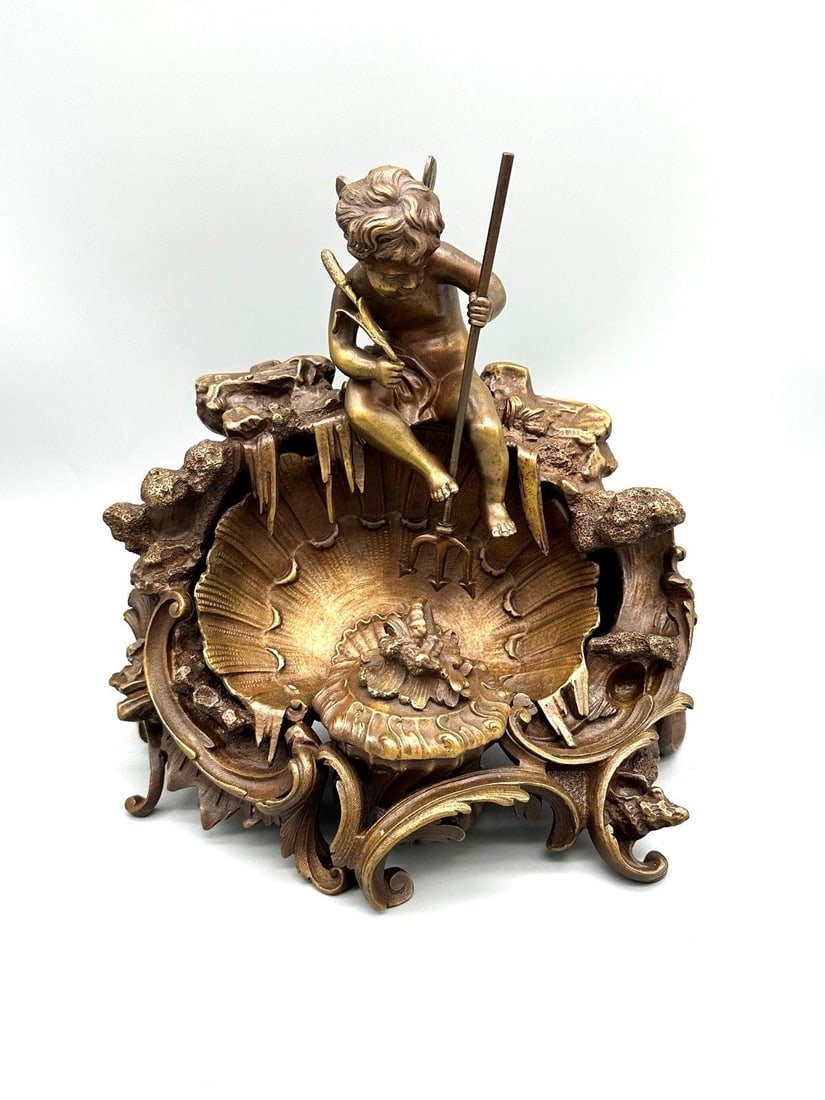 Continental Cherub Bronze on Shell Figural Inkwell (1 of 6)