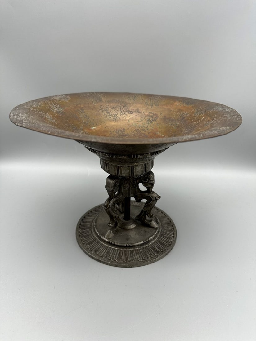 Oscar Bach Deco Acid Etched Metal Compote: Oscar Bach Deco Acid Etched Metal Compote: Centerpiece compote with ram's head detail. Measures 7" tall, 9.75" diameter.