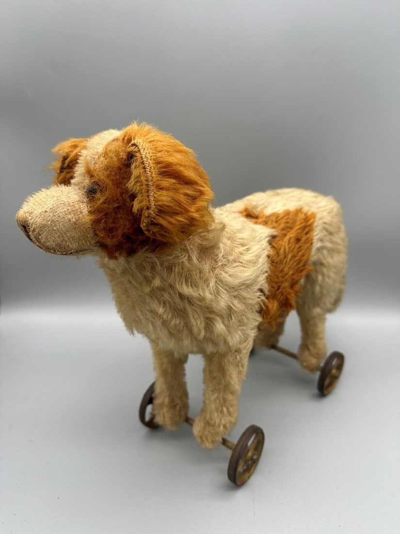 Steiff Mohair Dog On Wheels Pull Toy