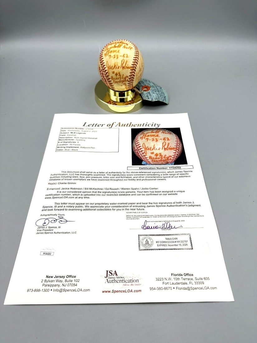 Hall of Fame Signed Baseball Jackie Robinson, Bill McKechnie, Ed Rousch, Warren Spahn, Jocko Conlon, (1 of 8)