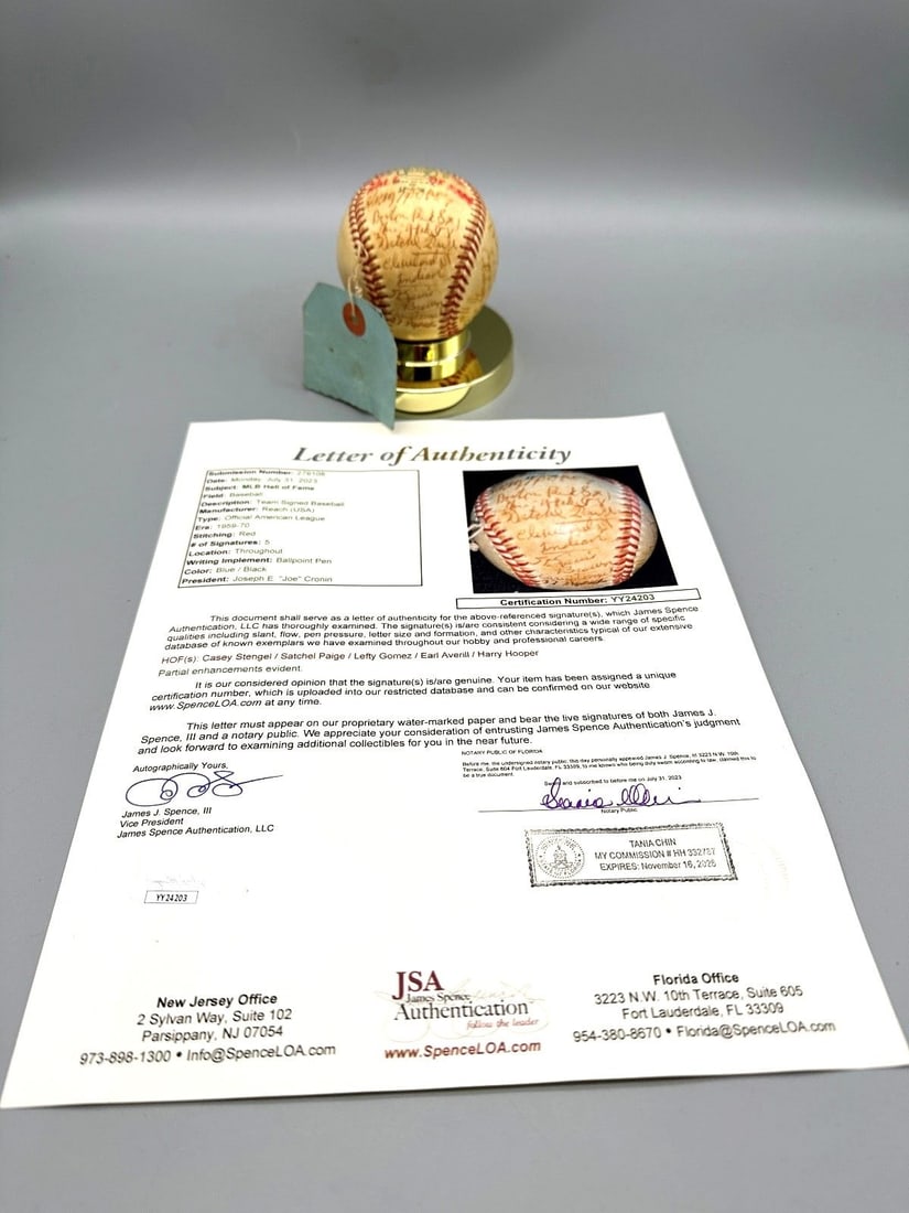 Hall of Fame Signed Baseball Satchel Paige, Casey Stengel, Lefty Gomez, Earl Averill, Harry Hooper (1 of 7)