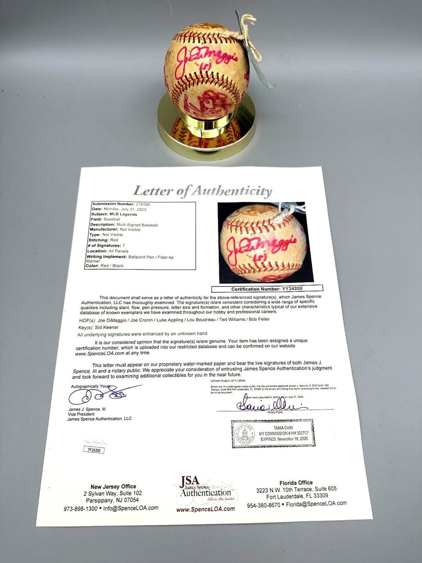 Hall of Famers Joe DiMaggio, Ted Williams, Bob Feller, Luke Appling, Lou Boudreau, Joe Cronin Signed (1 of 8)