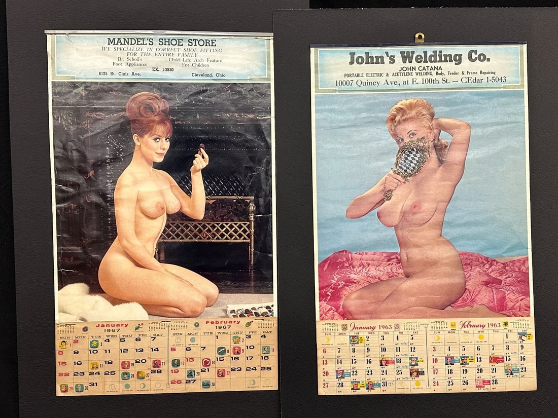 (2) Nude Pin-Up Advertising Calendars From 1963, 1967: (2) Nude Pin-Up Advertising Calendars From 1963, 1967: Mandel's Shoe Store Cleveland 1967 measures 19.5 x 12". 1963 John's Welding Co. measures 19 x 12".