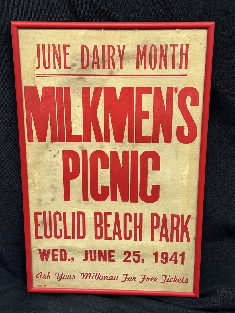 June Dairy Month Milkman's Picnic at Euclid Beach Park 1941 Promotional Poster: June Dairy Month Milkman's Picnic at Euclid Beach Park 1941 Promotional Poster: Ask your milkman for free tickets. Promotional poster measuring 11.25 x 17". Water issues and spotting.
