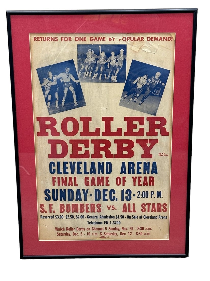 Roller Derby Cleveland Arena Promotional Poster: Roller Derby Cleveland Arena Promotional Poster: Framed and measuring 25.5 x 18". Tear at top right.