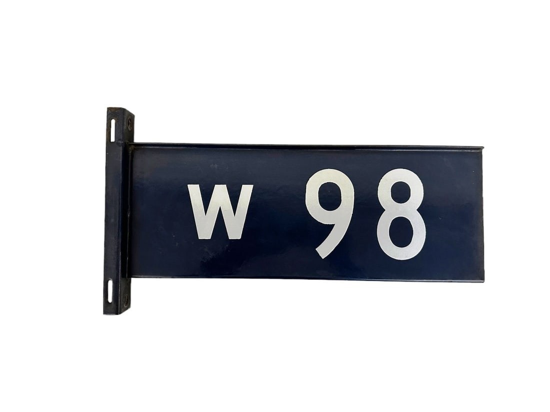 W 98 Porcelain Flanged Street Sign: Vintage W 98 Porcelain Flanged Street Sign measures 16.5" x 9" and is in very good condition.