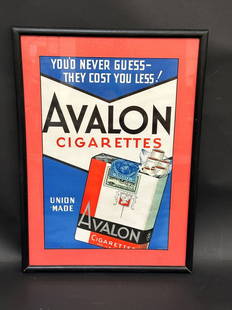 Avalon Cigarettes Display Advertising Sign: Avalon Cigarettes Display Advertising Sign: "You'd Never Guess They Cost you Less" Framed and measuring 18" x 13".