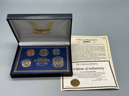 2001 A Year To Remember Coin Collection: 2001 A Year To Remember Coin Collection contains (5) uncirculated coins from the Denver Mint. This collection is from The American Historic Society and comes with display case and certification.