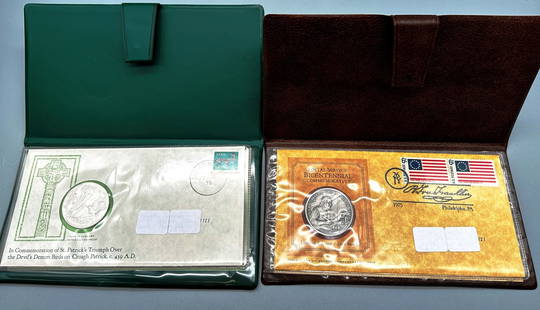 (2) Commorative Medals, St. Patrick and Benjamin Franklin: (2) Commorative Medals, St. Patrick and Benjamin Franklin are from the Franklin Mint. This group contains FDC and Pewter Medal 7/26/1775 Postal Service Bicentennial and St. Patrick's Day .999 silver M
