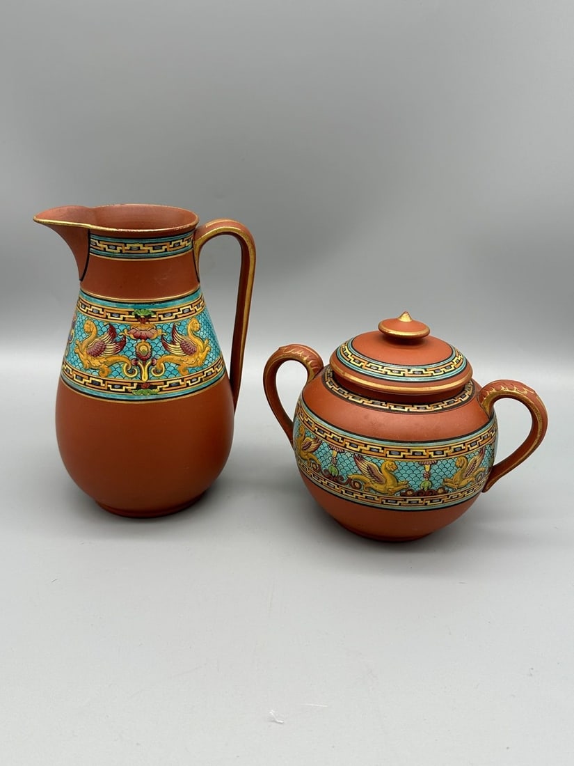 Prattware Pottery Watcombe Pottery Glazed Terracotta Tea Pitcher and Sugar (1 of 7)