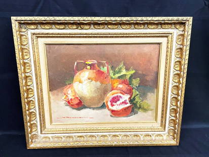 R. Romagnoli (Italy) Original Oil on Canvas: Still Life Pomegranates and Jug: R. Romagnoli (Italy) Original Oil on Canvas: Still Life Pomegranates and Jug: Still life oil painting on canvas measures 16 x 22". Framed piece measures 22.25 x 18.