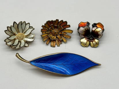 David Anderson Norway Sterling Silver Enamel Leaf and Floral Brooches: David Anderson Norway Sterling Silver Enamel Leaf and Floral Brooches: Includes 3 flowers and 1 leaf. Signed on reverse