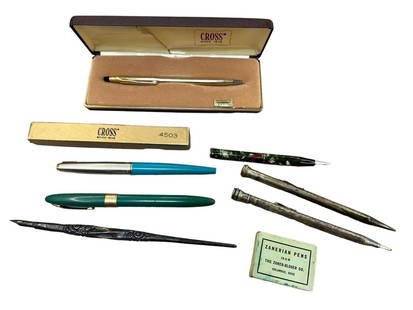 Group of Fountain Pens and Pencils: Group of Fountain Pens and Pencils: Nice group of pens and pencils. Includes Coss 10k gold filled pen in box, 1 empty cross box, (2) Eversharp silver plate pencils. Zanerian pen nibs box. Waterman's g