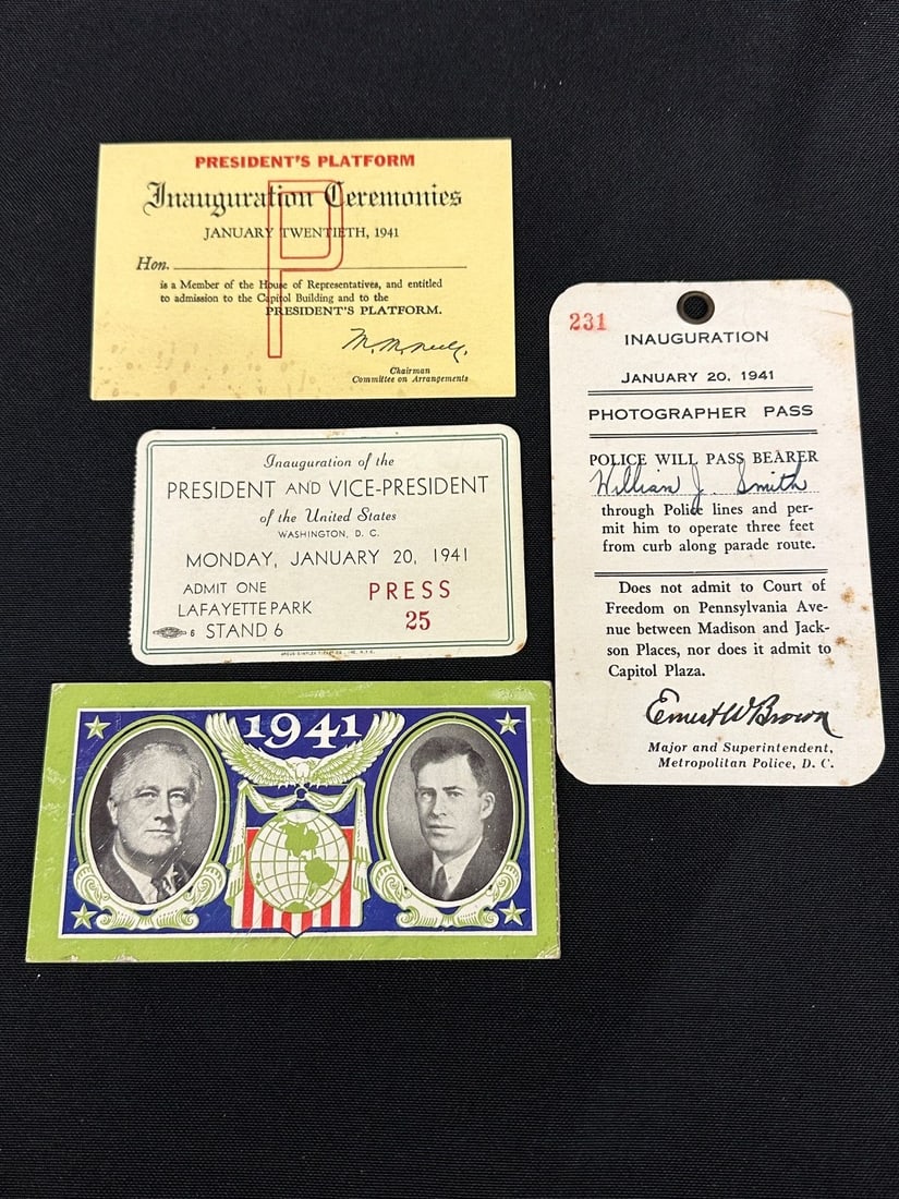 Group of 1941 Presidential Inauguration Ephemera: Group of 1941 Presidential Inauguration Ephemera: Ticket North end pf Treasury Stand 8 Sec. B row 8 Seat 2. Ticket Presidents Platform for House of Representation. Photographers Pass #231. Admission t