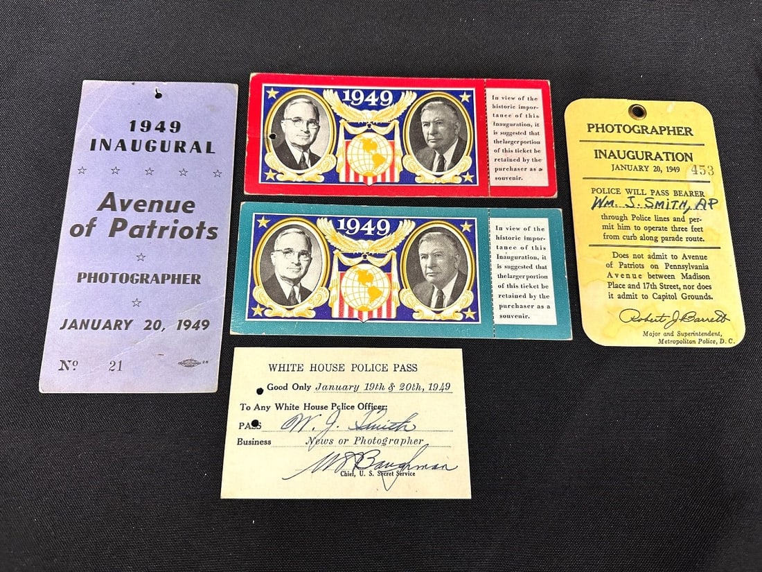 Group 1949 Presidential Inauguration Ephemera: Group 1949 Presidential Inauguration Ephemera: Includes Avenue of Patriots Photographer No. 21. White house police pass for photographer Wm. Smith. Photographer pass #453. Press ticket Stand 6 Gate 05