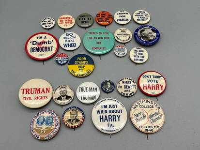 Group of FDR and Truman Political Campaign and Satire Buttons: Group of FDR and Truman Political Campaign and Satire Buttons: FDR No No 1000 Times No. Roosevelt No More Just Forget It. 60 Million Bucks Whee. Roosevelt Hide and Hyde. So many more really rare polit