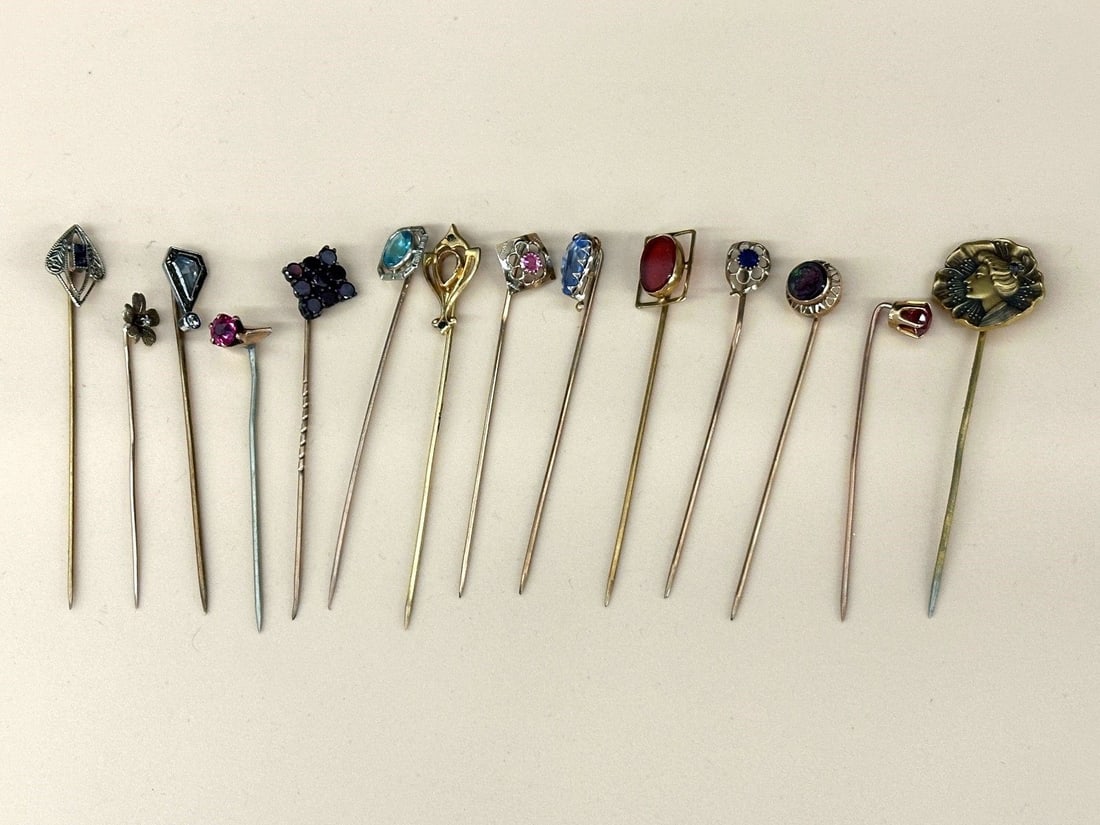 (14) Gold, Gold Filled Stick Pins: (14) Gold, Gold Filled Stick Pins: Nice group of stick pins. Some gold, some are gold filled. Some have gemstones as well.
