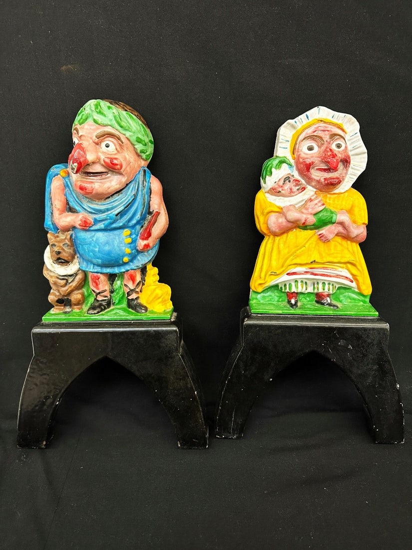 Punch and Judy Cast Iron Andirons: Punch and Judy Cast Iron Andirons: Measure 17" tall, no bars, paint chipped in spots