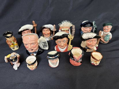 Group of Small Royal Doulton, Mason's, Woods, Japan Miniature Character Mugs: Group of Small Royal Doulton Miniature Character Mugs: Includes (2) Japan, (1) Mason's (1) Woods and Son, (10) Royal Doultons.