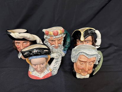 (5) Large Royal Doulton Character Mugs: (5) Large Royal Doulton Character Mugs: Captain Henry Morgan, Neptune, The Lawyer, D'Artagnan, Anne of Cleves. No condition issues.