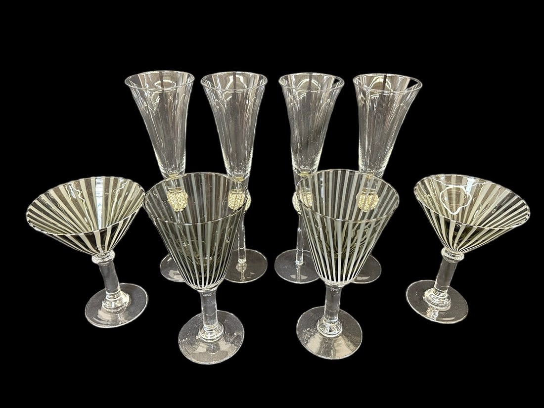 (8) Champagne, Martini, Wine Glasses: (8) Champagne, Martini, Wine Glasses: (4) champagnes with rhinestone ball center 11" tall. (2) martini striped glasses 6.5". (2) wine striped glasses 8" tall.