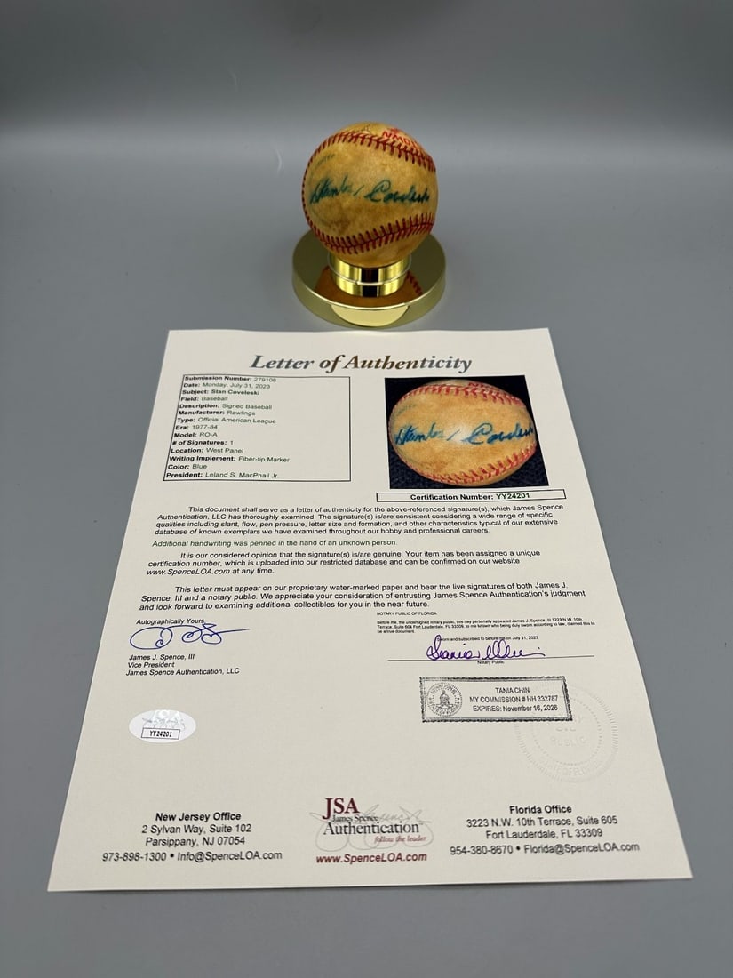 Stan Coveleski Single Signed Baseball Full JSA Certificate (1 of 4)