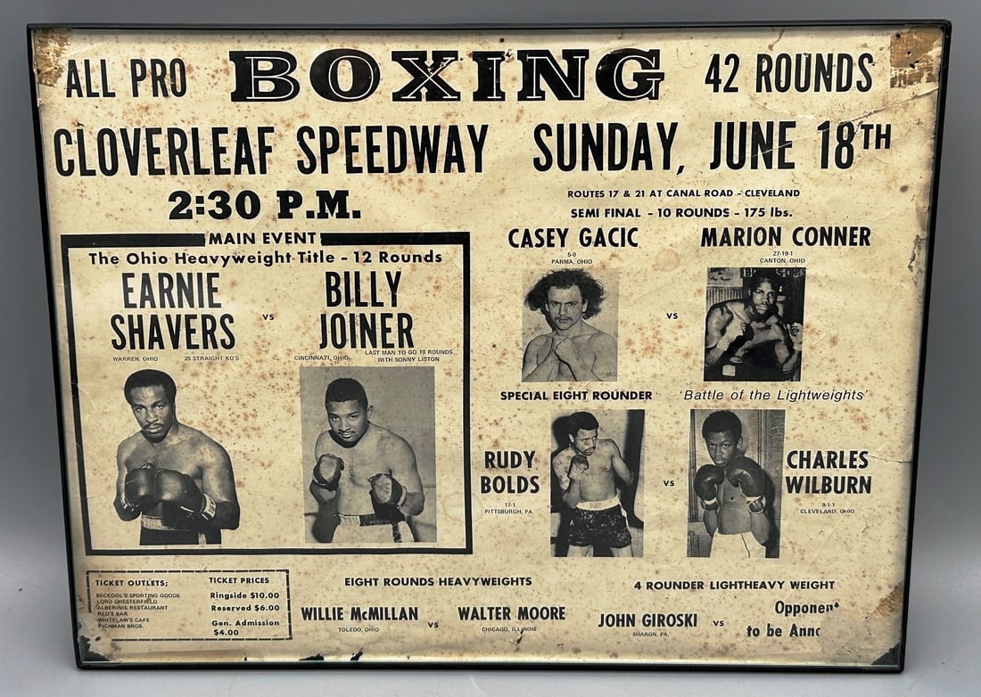All Pro Boxing - The Ohio Heavyweight Title Earnie Shavers vs Billy Joiner Framed Advertisment: All Pro Boxing - The Ohio Heavyweight Title, Earnie Shavers vs Billy Joiner Framed Advertisment. This fight featured heavyweight fighters from Ohio and took place at the Cloverleaf Speedway, near Clev